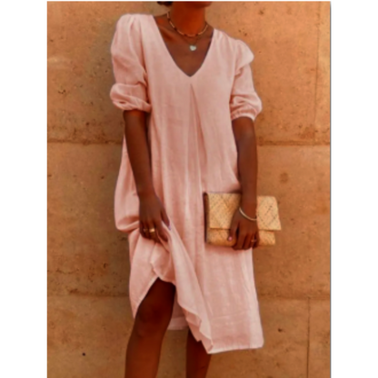 Women's V-Neck Midi Summer Dress | with Puff Sleeves