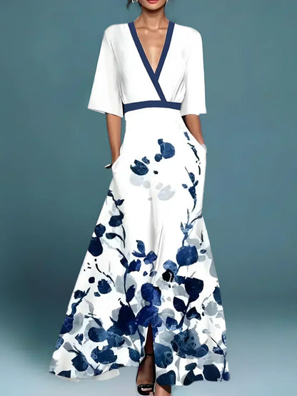 Women's Boho Floral V-Neck Maxi Dress | with Pockets