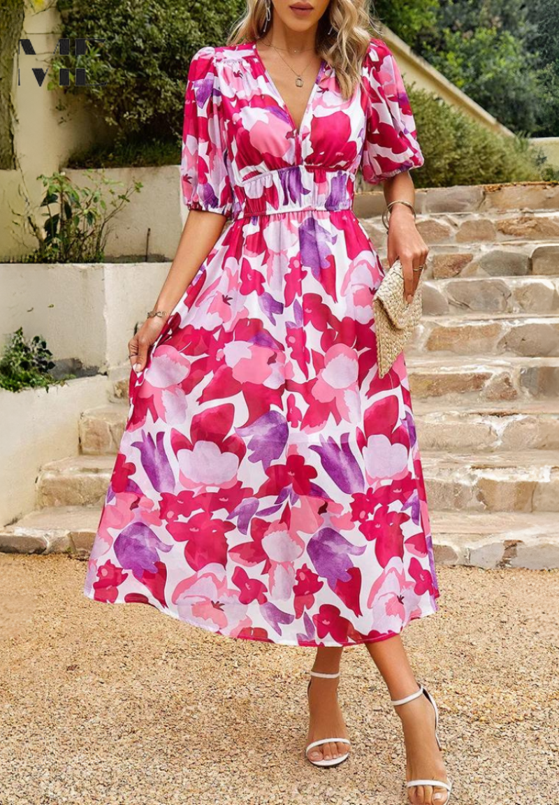 Women’s Floral V-Neck Midi Dress | with Short Puff Sleeve