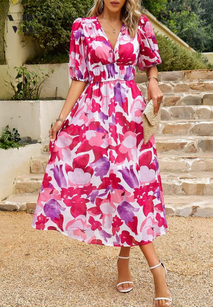 Women’s Floral V-Neck Midi Dress | with Short Puff Sleeve