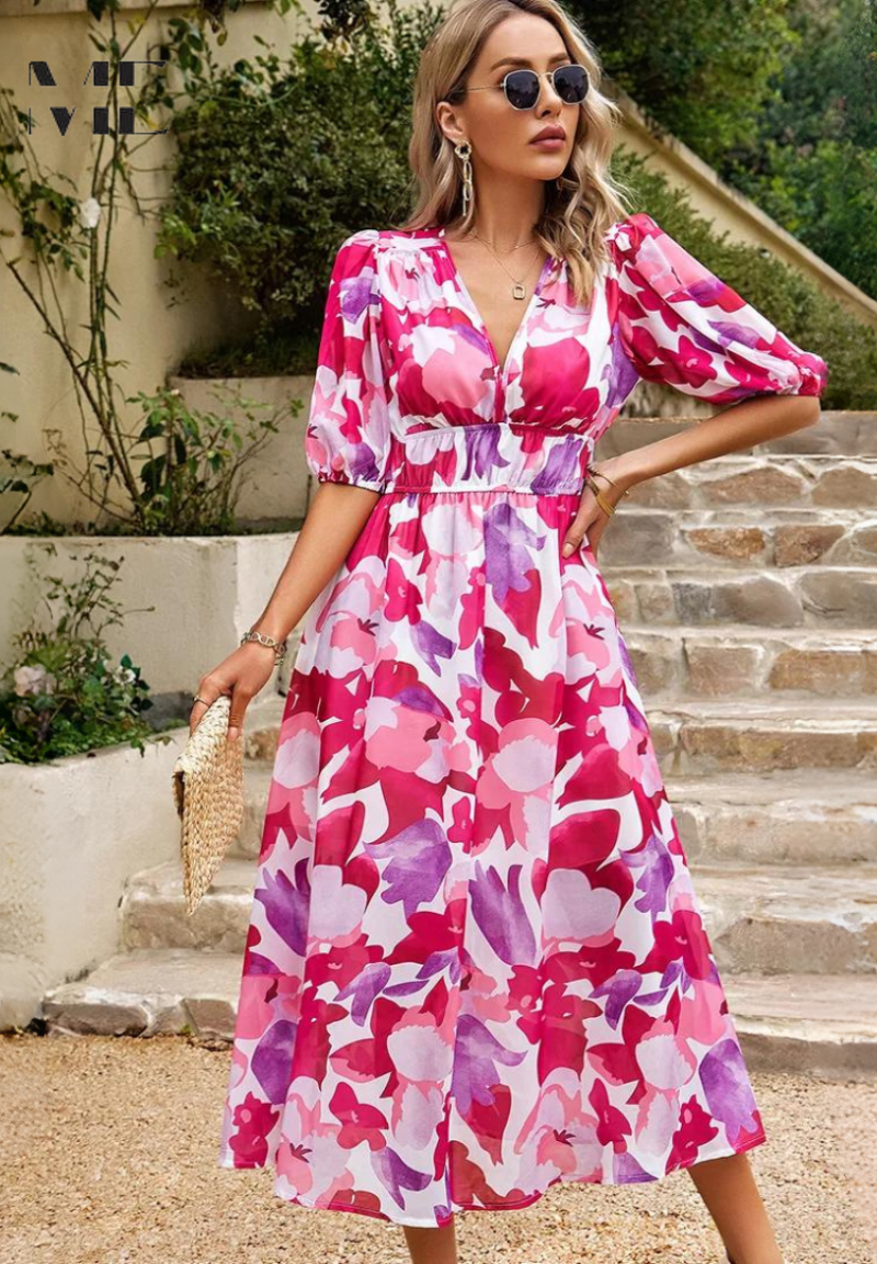 Women’s Floral V-Neck Midi Dress | with Short Puff Sleeve