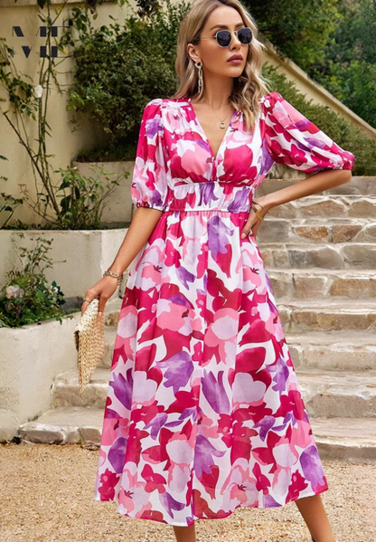 Women’s Floral V-Neck Midi Dress | with Short Puff Sleeve