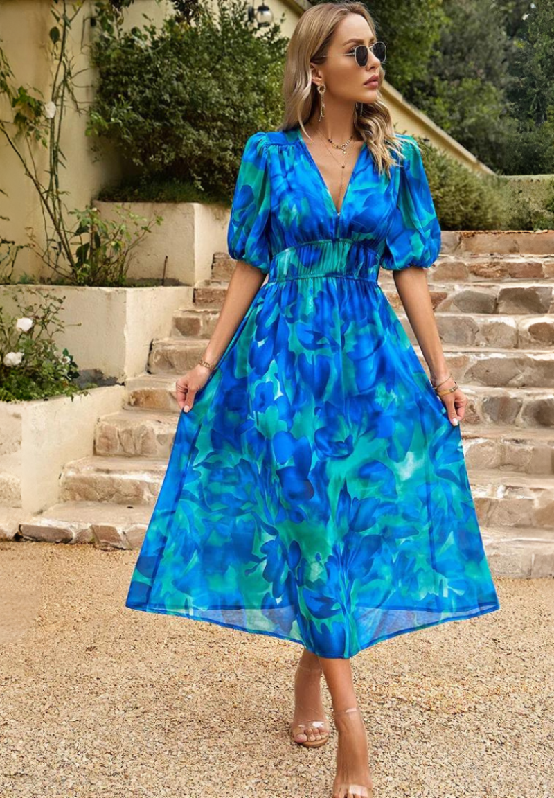 Women’s Floral V-Neck Midi Dress | with Short Puff Sleeve