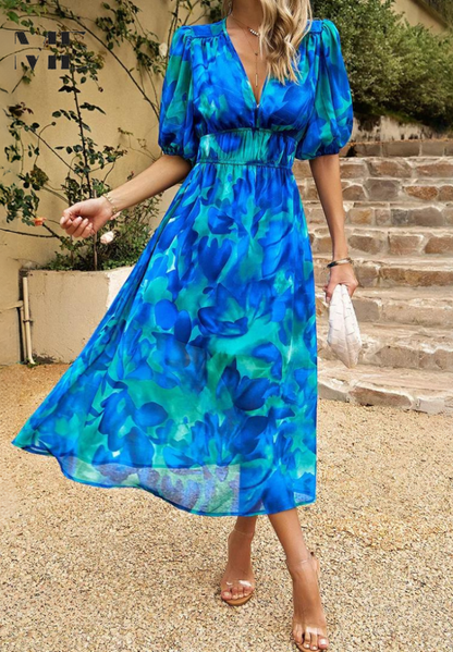 Women’s Floral V-Neck Midi Dress | with Short Puff Sleeve