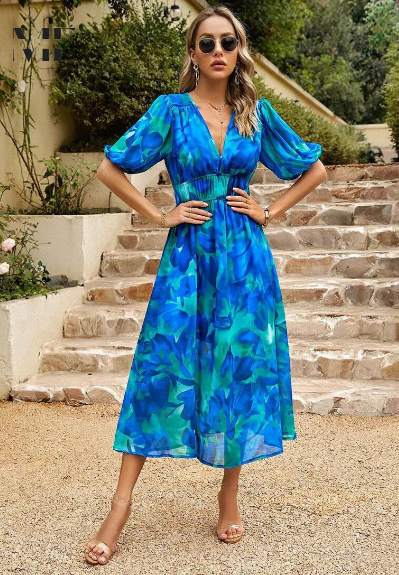 Women’s Floral V-Neck Midi Dress | with Short Puff Sleeve