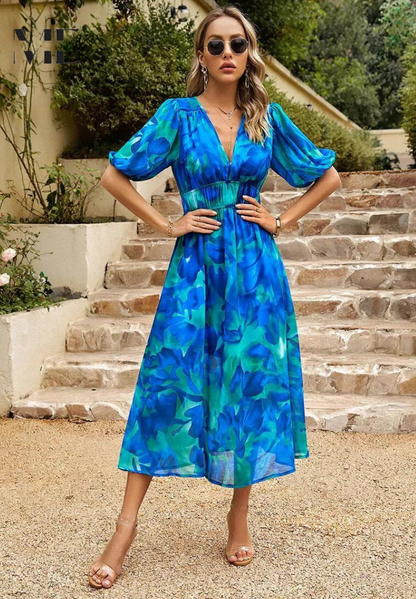 Women’s Floral V-Neck Midi Dress | with Short Puff Sleeve