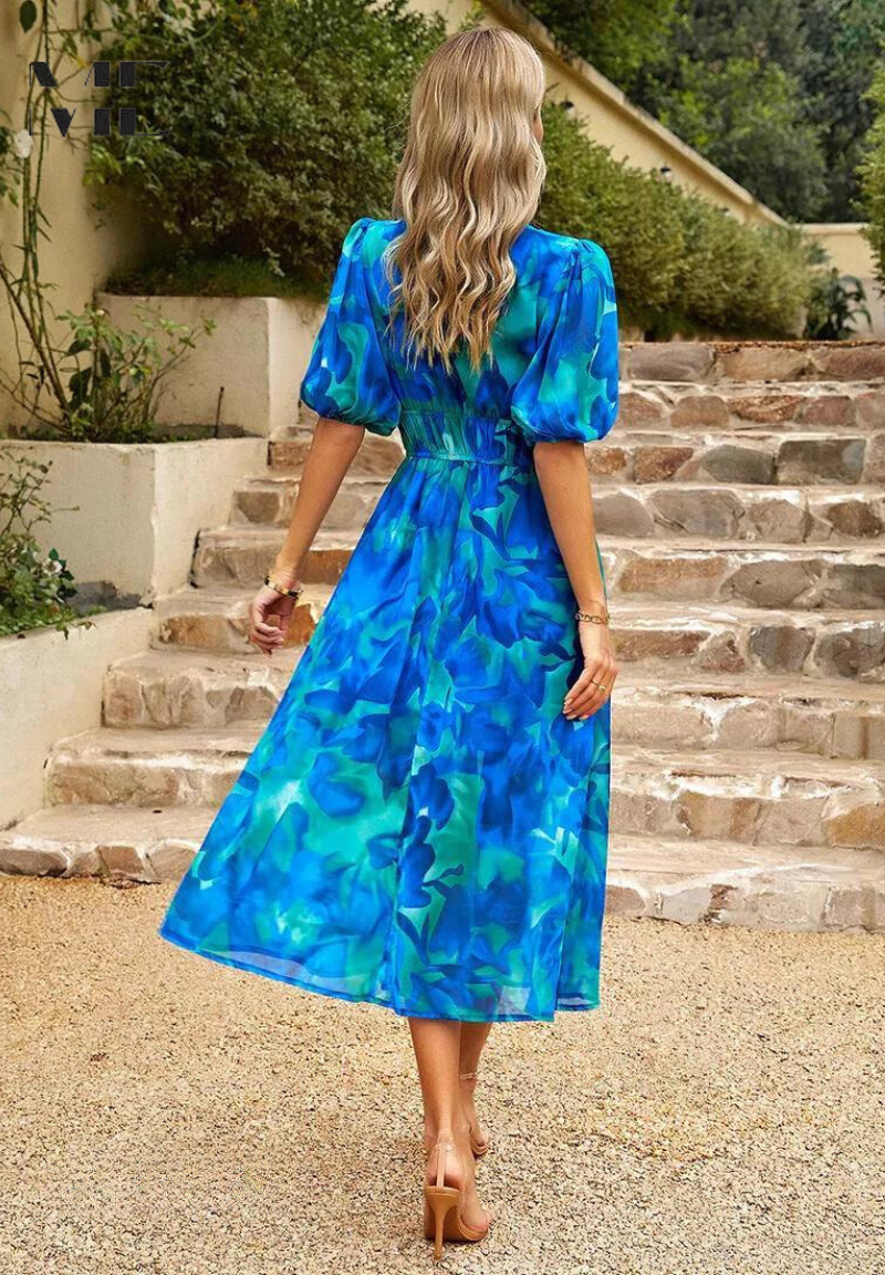 Women’s Floral V-Neck Midi Dress | with Short Puff Sleeve