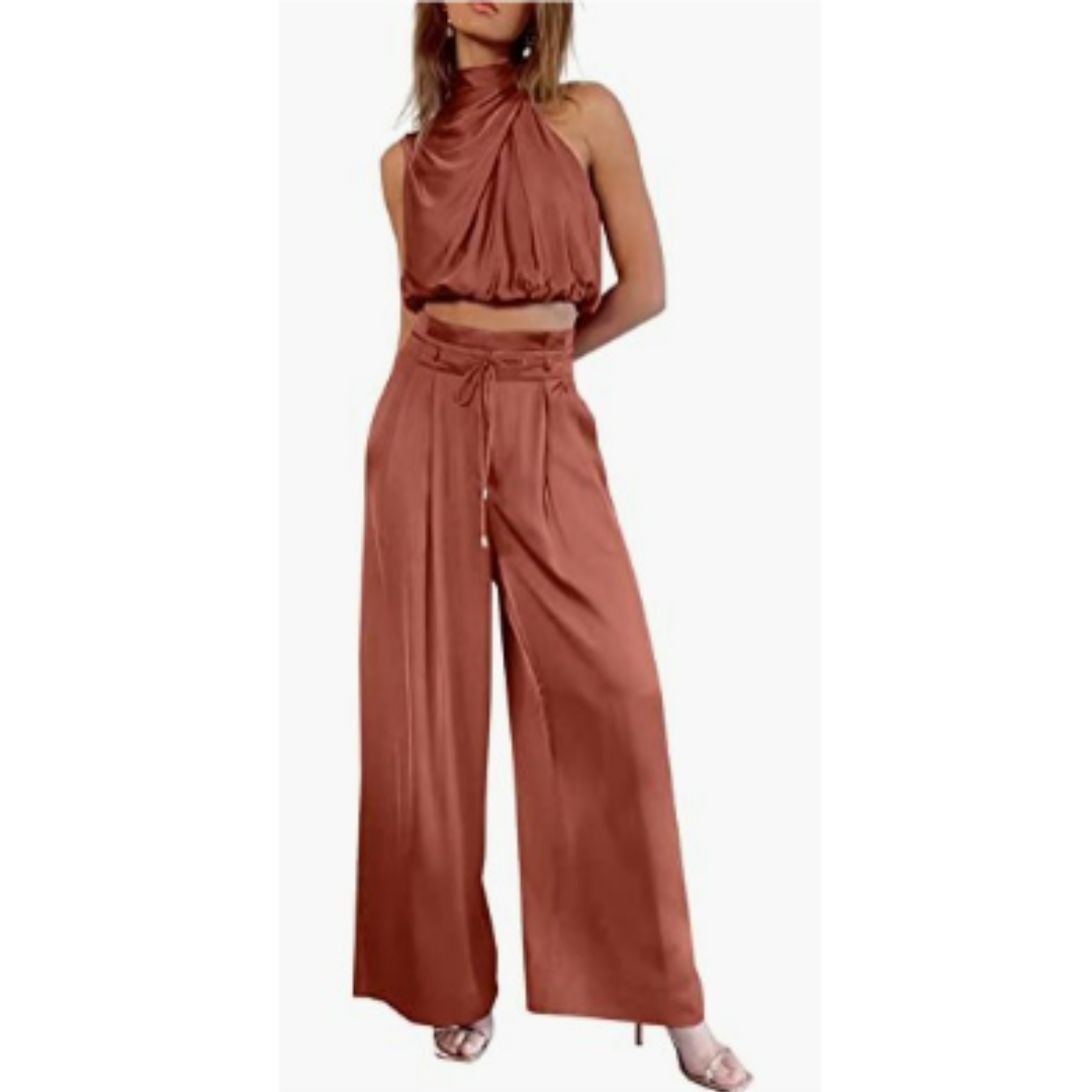 Women's Halter Crop Top and Wide Leg Pants | Two-Piece Set