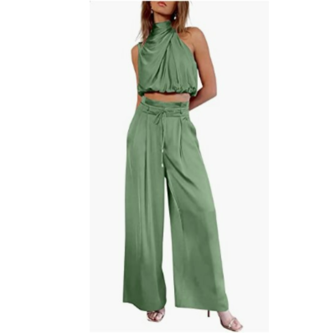 Women's Halter Crop Top and Wide Leg Pants | Two-Piece Set