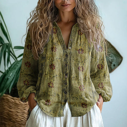 Women’s Boho V-Neck Printed Blouse | Long Sleeve
