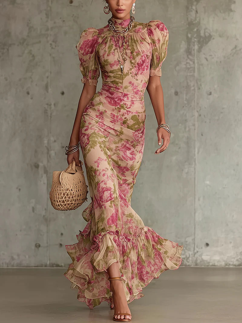Women's Floral Puff Sleeve Mermaid Dress | Maxi
