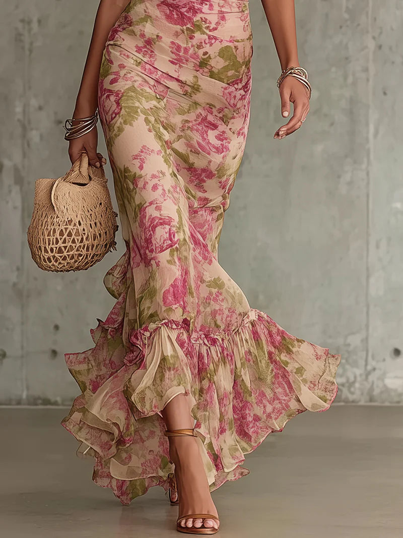 Women's Floral Puff Sleeve Mermaid Dress | Maxi
