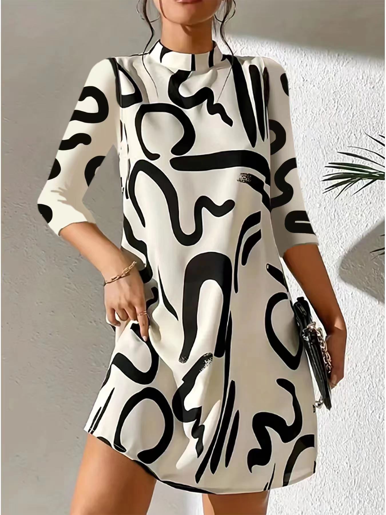Women’s Casual Loose-Fitting Stand Collar Dress | 3/4 Sleeves