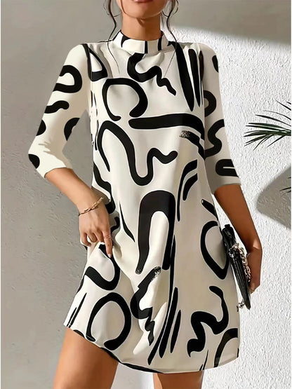Women’s Casual Loose-Fitting Stand Collar Dress | 3/4 Sleeves