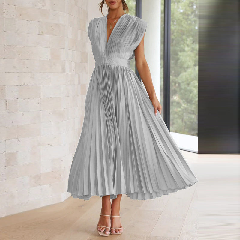 Women's Pleated V-Neck Wedding Guest Dress | Midi