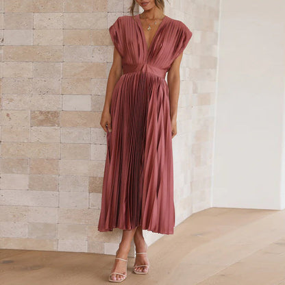 Women's Pleated V-Neck Wedding Guest Dress | Midi
