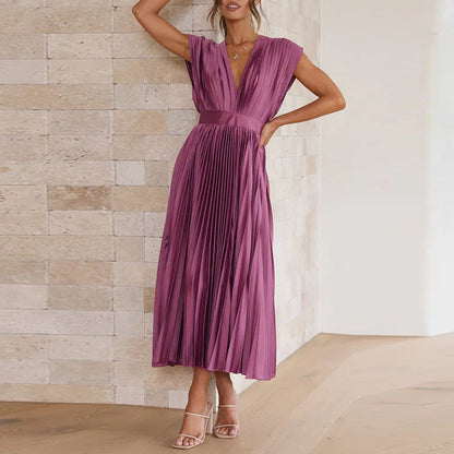 Women's Pleated V-Neck Wedding Guest Dress | Midi