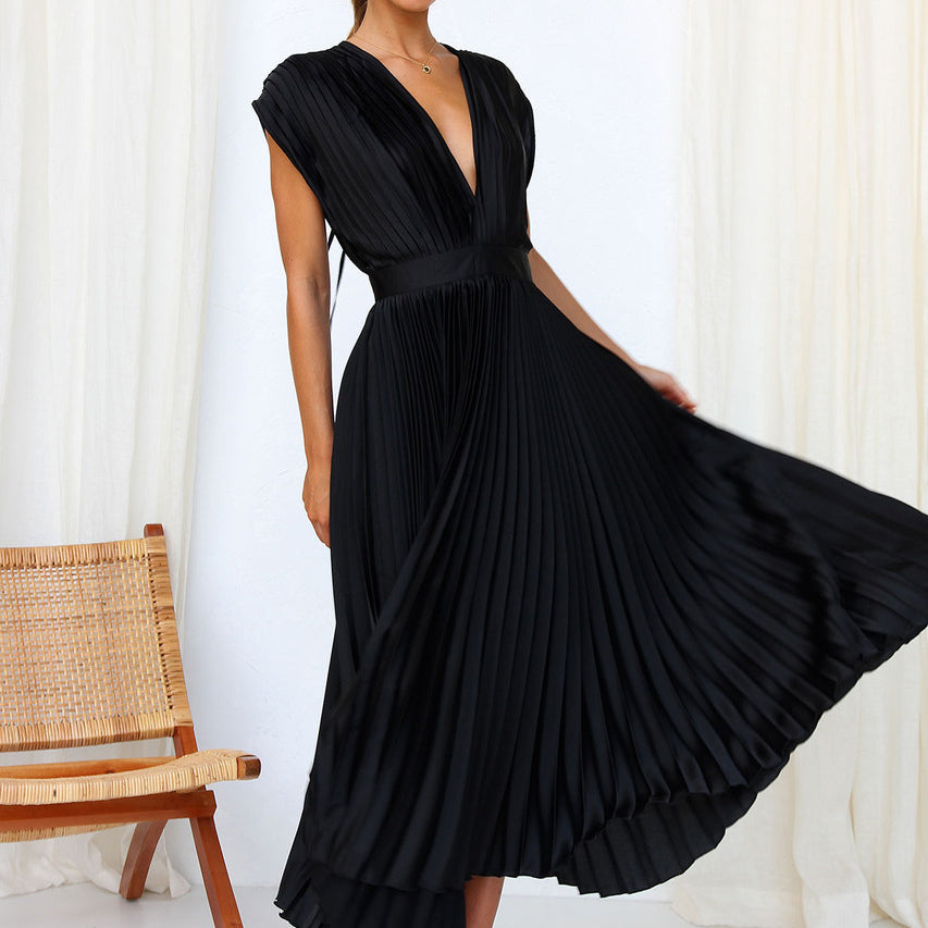 Women's Pleated V-Neck Wedding Guest Dress | Midi
