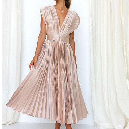 Women's Pleated V-Neck Wedding Guest Dress | Midi