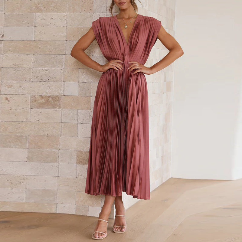 Women's Pleated V-Neck Wedding Guest Dress | Midi