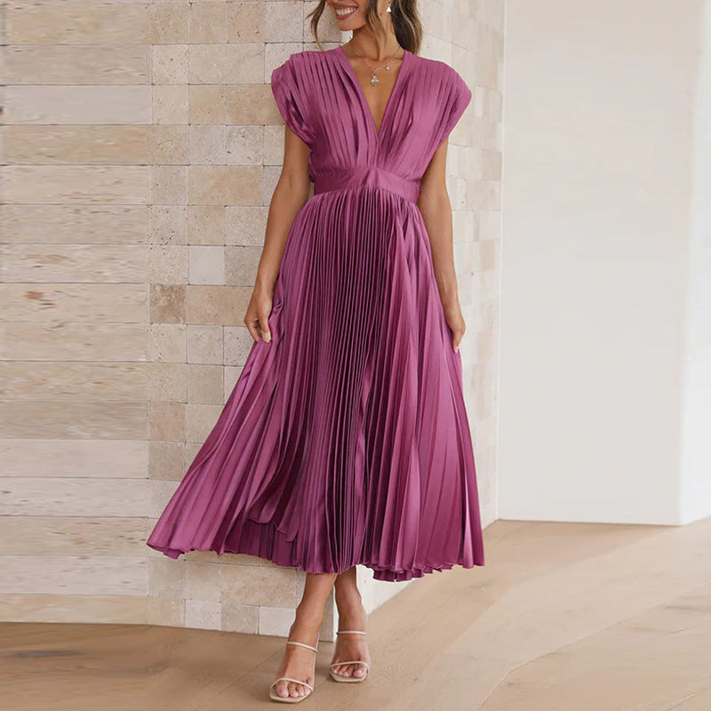 Women's Pleated V-Neck Wedding Guest Dress | Midi