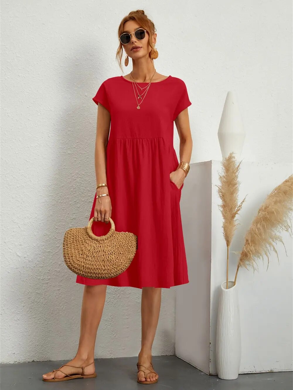 Women's Casual Short Sleeve Midi Dress | with Pockets