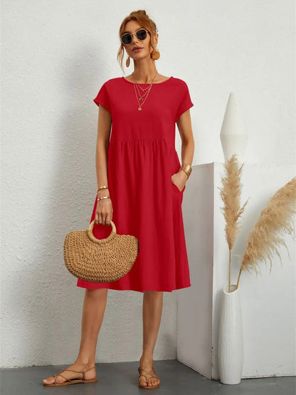 Women's Casual Short Sleeve Midi Dress | with Pockets