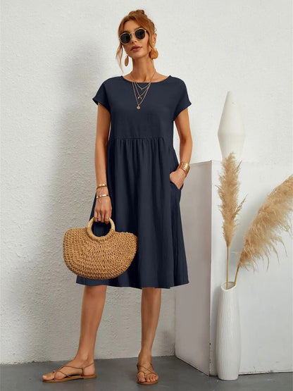 Women's Casual Short Sleeve Midi Dress | with Pockets