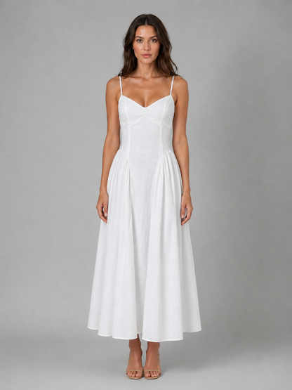 Women's White Corset-Style Midi Dress | with Spaghetti Straps
