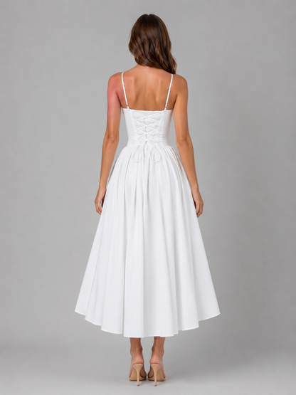 Women's White Corset-Style Midi Dress | with Spaghetti Straps