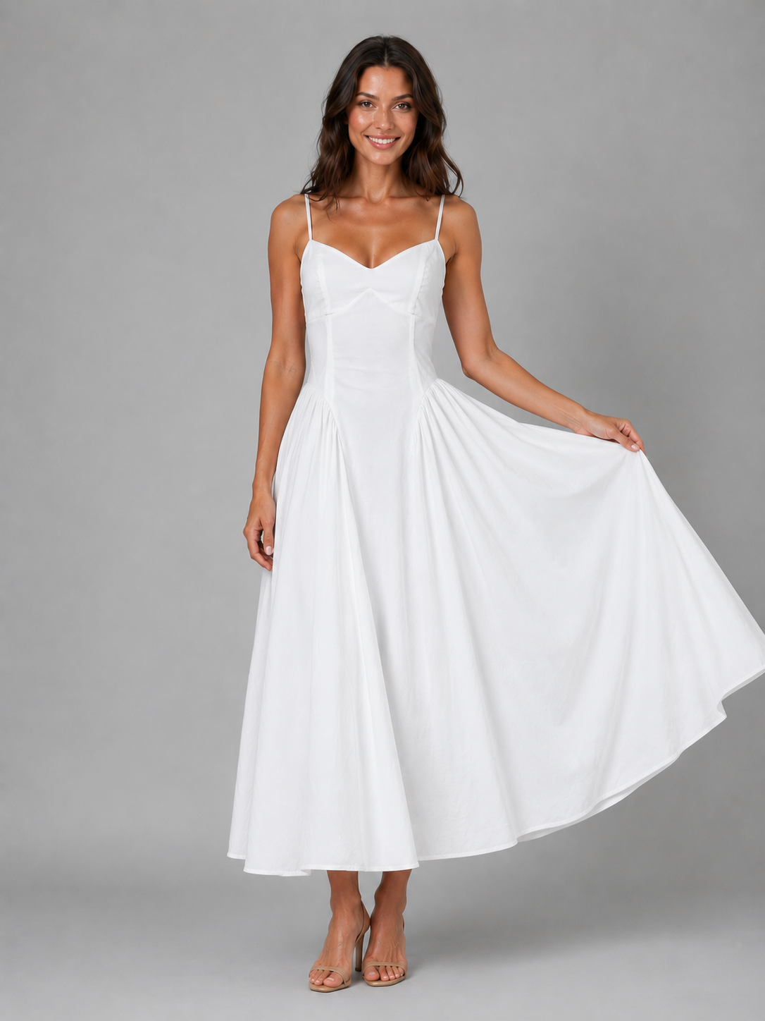 Women's White Corset-Style Midi Dress | with Spaghetti Straps