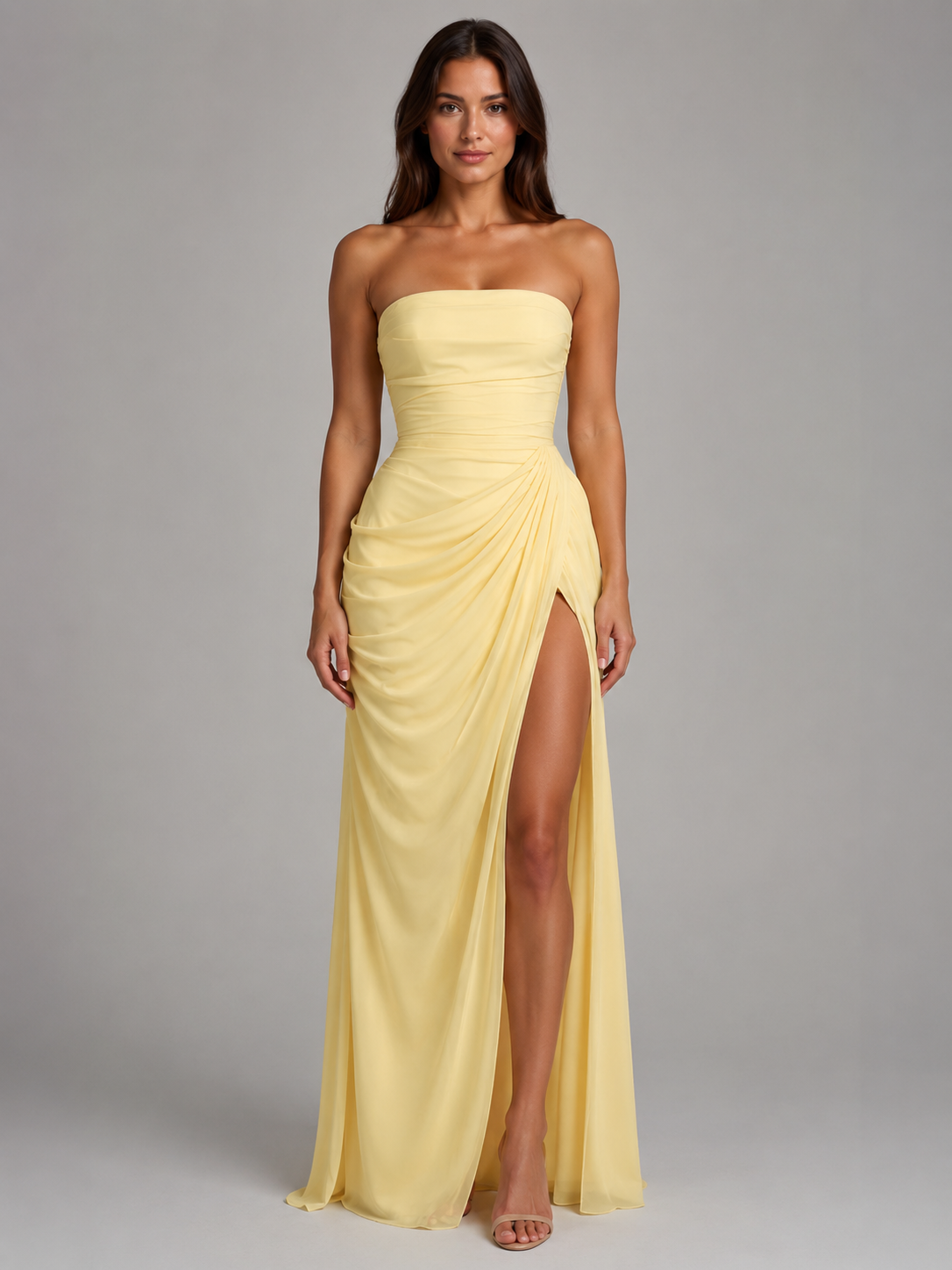 Women’s Strapless Yellow Maxi Prom Dress | with High Slit