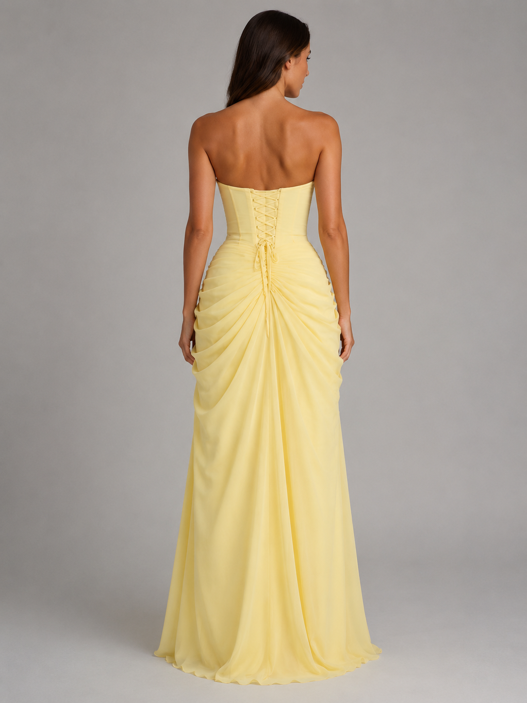 Women’s Strapless Yellow Maxi Prom Dress | with High Slit
