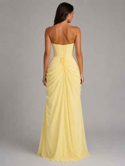 Women’s Strapless Yellow Maxi Prom Dress | with High Slit