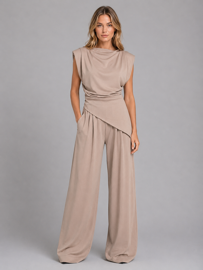 Women's Draped Sleeveless Top and Wide-Leg Pants | Two-Piece Co-Ord Set
