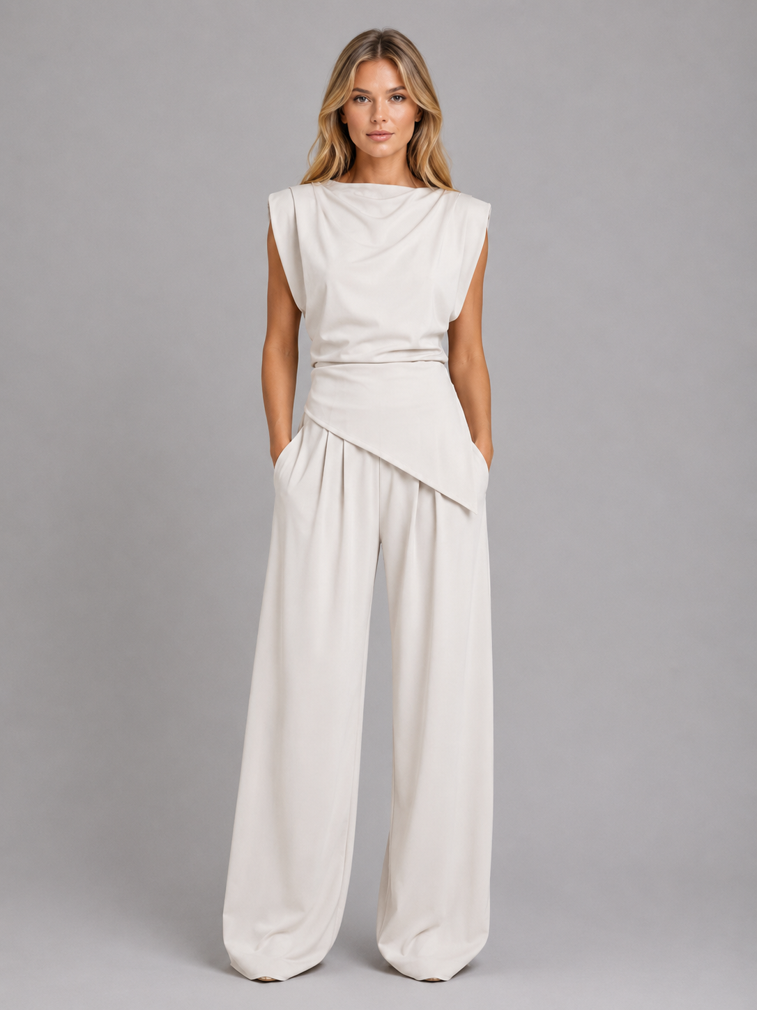 Women's Draped Sleeveless Top and Wide-Leg Pants | Two-Piece Co-Ord Set