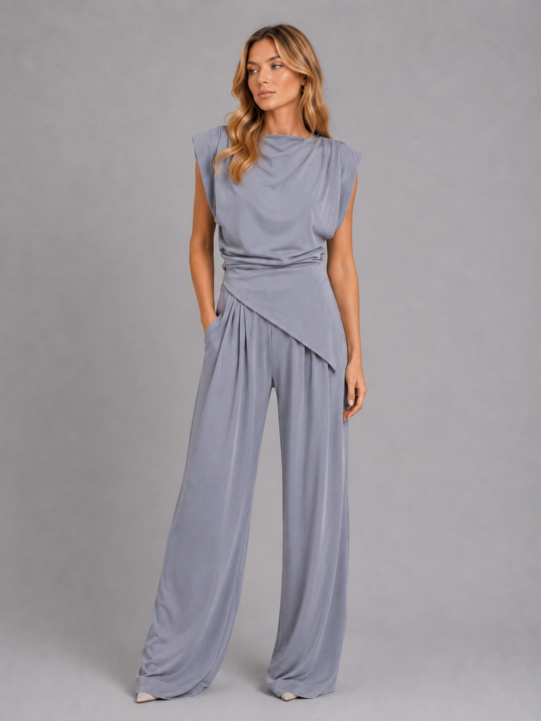 Women's Draped Sleeveless Top and Wide-Leg Pants | Two-Piece Co-Ord Set