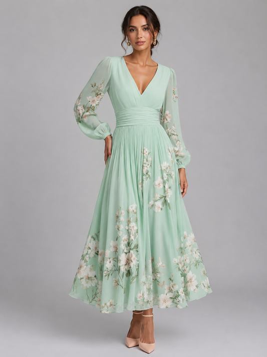Women’s Green Floral V-Neck Pleated Dress | Long Sleeve