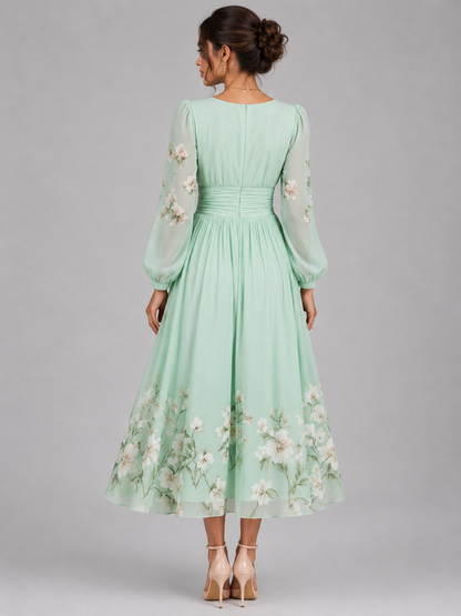 Women’s Green Floral V-Neck Pleated Dress | Long Sleeve