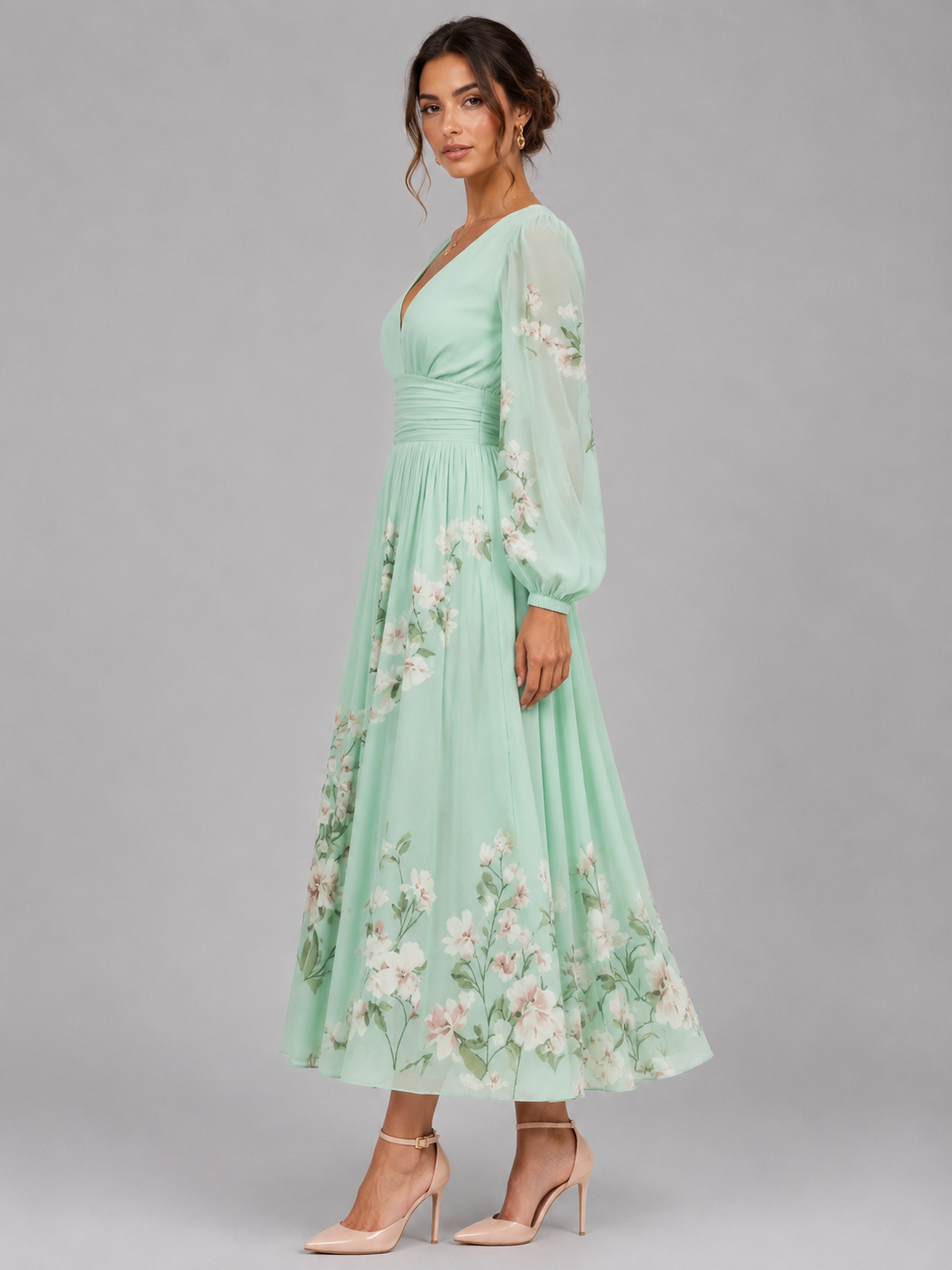 Women’s Green Floral V-Neck Pleated Dress | Long Sleeve
