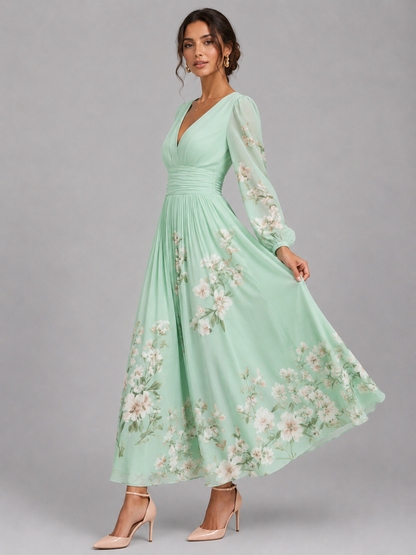 Women’s Green Floral V-Neck Pleated Dress | Long Sleeve