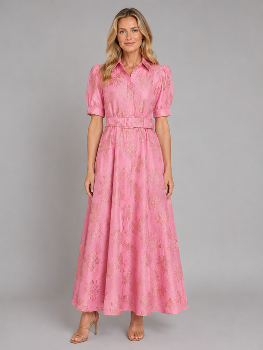 Women’s Floral Short Puff Sleeve Belted Dress | Maxi