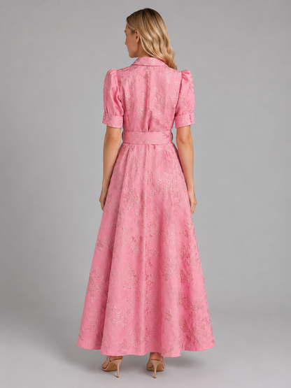 Women’s Floral Short Puff Sleeve Belted Dress | Maxi
