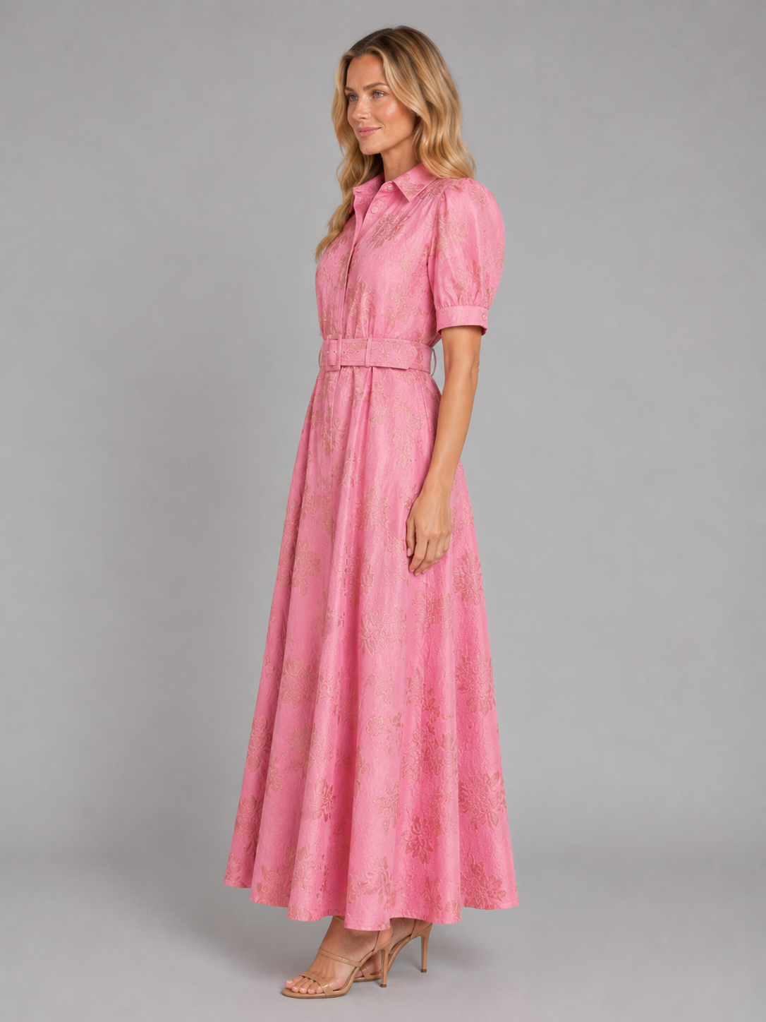 Women’s Floral Short Puff Sleeve Belted Dress | Maxi