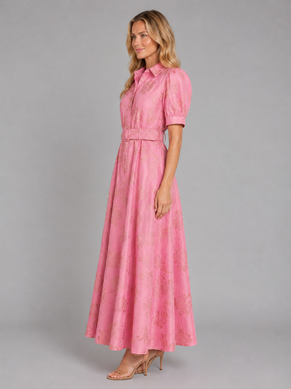 Women’s Floral Short Puff Sleeve Belted Dress | Maxi