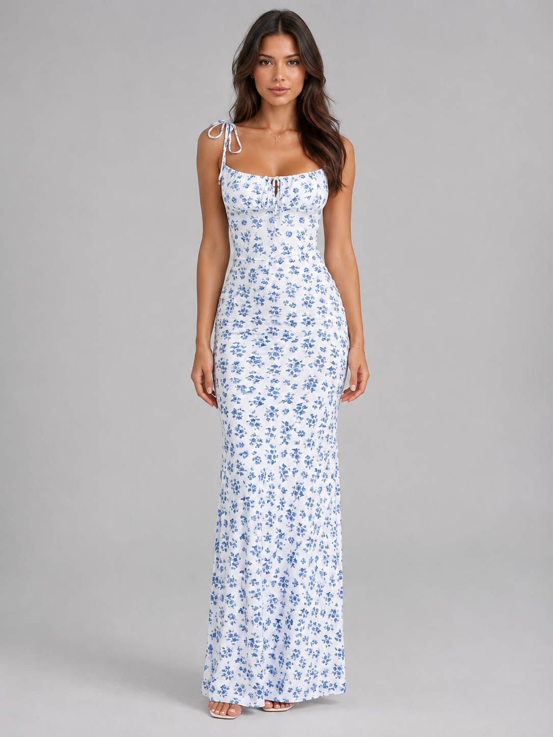 Women's Blue Floral Maxi Dress | with Tie Shoulder Straps