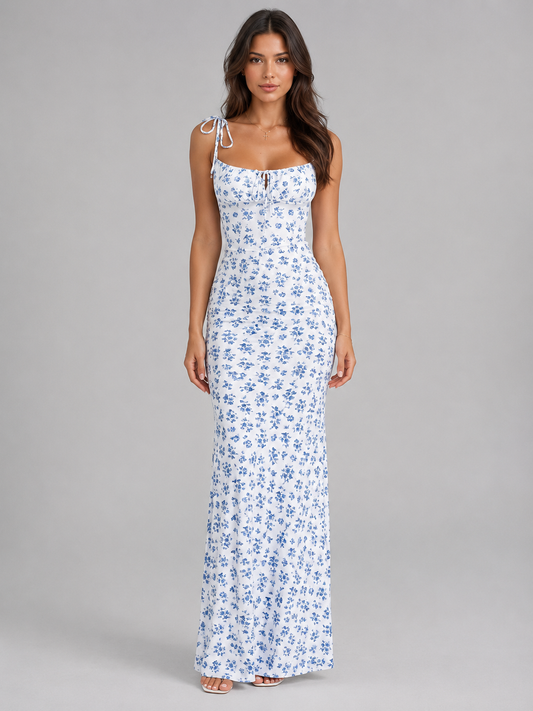 Women's Blue Floral Maxi Dress | with Tie Shoulder Straps