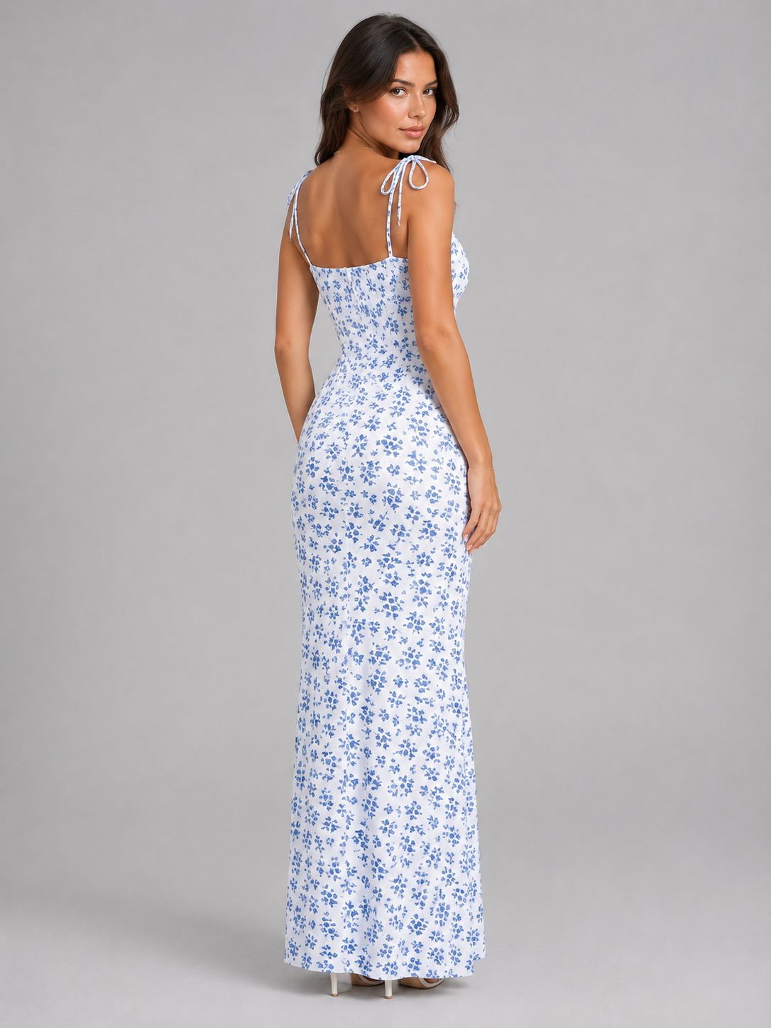 Women's Blue Floral Maxi Dress | with Tie Shoulder Straps
