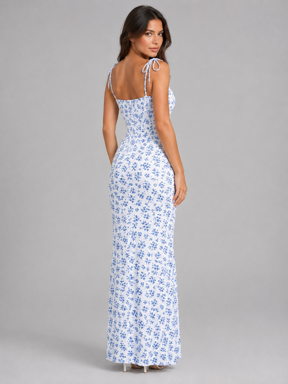 Women's Blue Floral Maxi Dress | with Tie Shoulder Straps