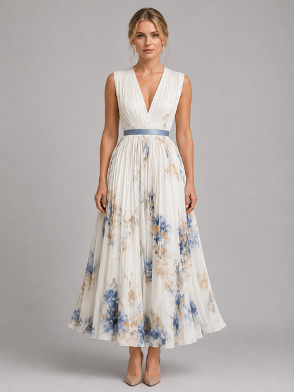 Women’s V-Neck Sleeveless Pleated Floral Dress | Maxi
